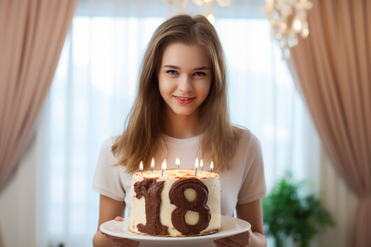 Cute 18 year old teen girl in front of a cake, celebrating her eighteen adulthood birthday , majority or legal age concept