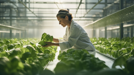 Worker working in an hydroponic farm showing clean and sustainable farming practices
