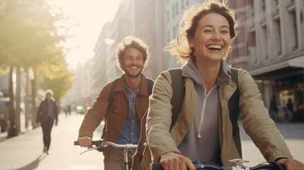 Happy couple on their bicycles in european city street on sunny day
