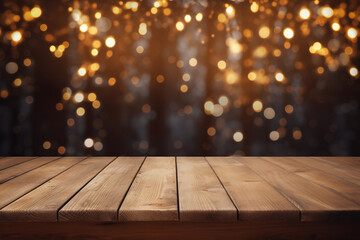 Festive wooden table background with Christmas tree lights outdoor - obrazy, fototapety, plakaty