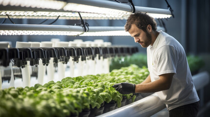 Worker working in an hydroponic farm showing clean and sustainable farming practices