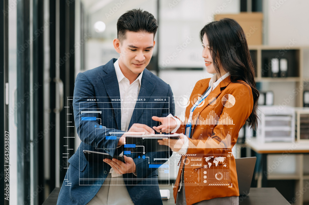 Poster businessman hand project manager working and update tasks and gantt chart scheduling virtual diagram
