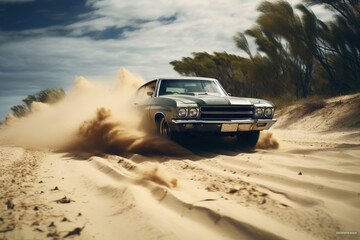 A powerful muscle car chums up sand at a beach. - obrazy, fototapety, plakaty