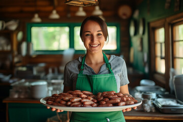 Young waitress carries a plate of grilled sausage , german or austrian countryside cafe with wooden interior