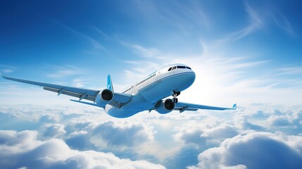 Fototapeta premium Airplane is flying above the clouds at sunday in the sky