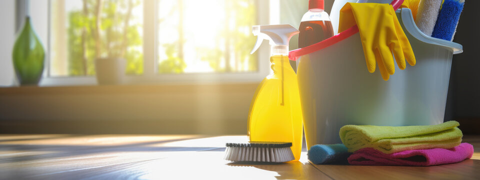 Various household cleaning products in a bucket