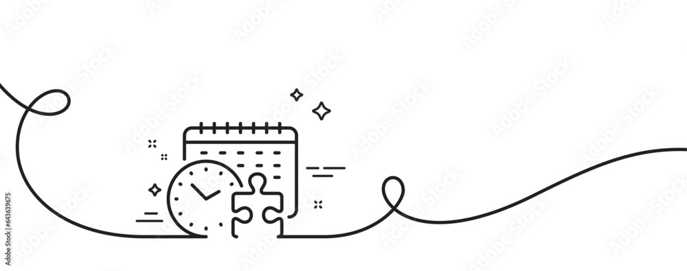 Poster puzzle time line icon. continuous one line with curl. jigsaw piece with clock sign. business challen
