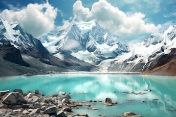 Landscape of turquoise lake and snow-capped mountains, ideal for trekking and nature travel.