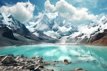 Peel and stick wall murals Mount Everest Landscape of turquoise lake and snow-capped mountains, ideal for trekking and nature travel.