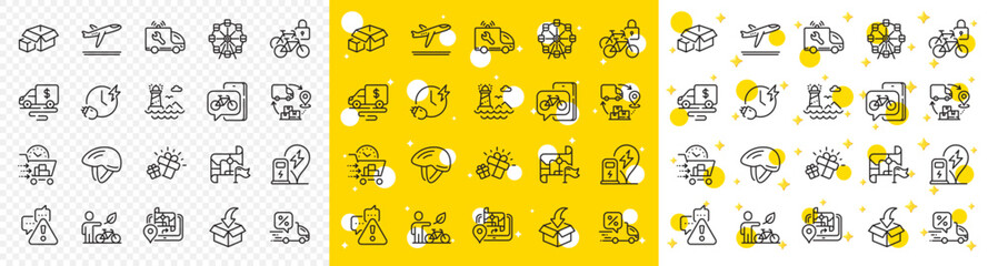 Outline Destination flag, Lighthouse and Ferris wheel line icons pack for web with Warning, Eco bike, Delivery discount line icon. Bicycle helmet, Packing boxes. Yellow design with 3d stars. Vector