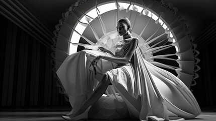Model in a sculptural outfit, reflecting avant-garde fashion, set amidst a stark, monochromatic...