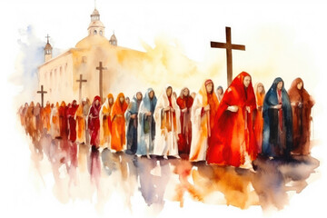 Sacred Watercolor Depiction of Holy Week Procession - obrazy, fototapety, plakaty