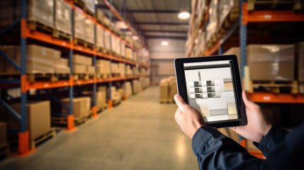 Worker hands holding tablet on blurred warehouse as background