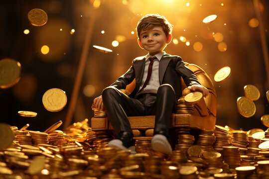 A 3d Chief Executive Officer, businessman sits on a throne or sofa and heaps of money or gold coins. coins fall. Smile happy. Success in investment, finance, profit. Shining light bokeh background.