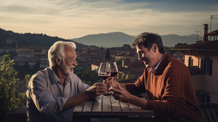 An elderly father and son are sitting on the terrace drinking wine