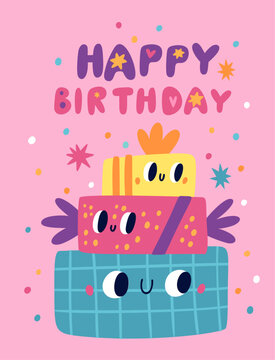 Gift boxes birthday greeting card. Holiday present containers with funny faces. Cartoon characters. Anniversary celebration. Party invitation. Festive poster. Vector baby postcard design