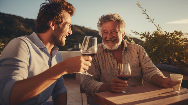 An elderly father and son are sitting on the terrace drinking wine