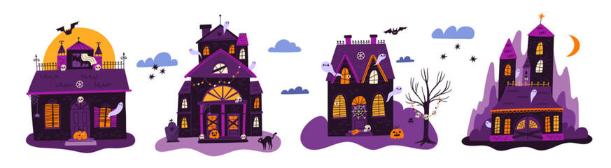Halloween houses. Horror gothic village buildings. Spooky witches dwellings. Black cat. Creepy castles. Scary mansion with cobwebs and ghosts. Night landscape elements. Garish vector set