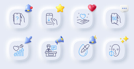 Heart beat, Hold heart and Scroll down line icons. Buttons with 3d bell, chat speech, cursor. Pack of 5g internet, Ask question, Face protection icon. Eye drops, Exhibitors pictogram. Vector