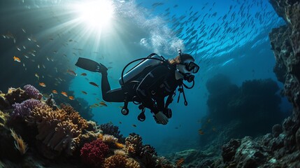 Female scuba diver in the tropical ocean. Exploring coral reef. Schools of fish. Generative AI.