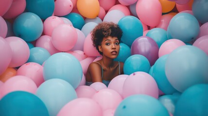 Fototapeta na wymiar Whimsical portrait of woman surrounded by pink and blue ballons