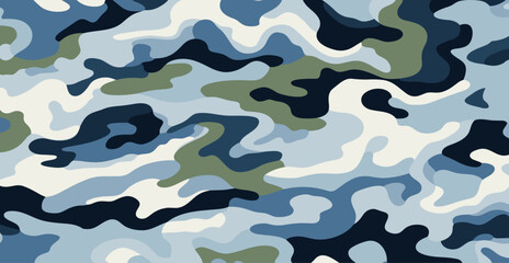 Winter Camo Background: Horizontal Banner, Seamless Pattern, Classic Clothing Style. Blue and White Texture. Vector Element.
