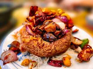 Asian Food: Yam Basket and Pan Fry Chicken with dried chilli