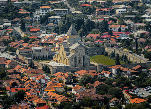 The aerial view of the cathedral in the center of Mtskheta