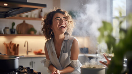 Young woman laughs while cooking in the kitchen