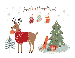 Set for winter holidays, illustrations with deer and christmas tree in flat style.