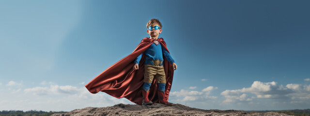 Smiling superhero boy on blue sky background