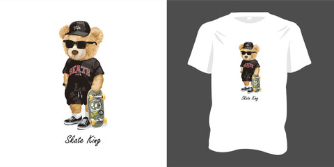 Skate King slogan with bear toy on t-shirt and cool skateboard illustration. Suitable for young men women's clothing, vector illustration. - obrazy, fototapety, plakaty