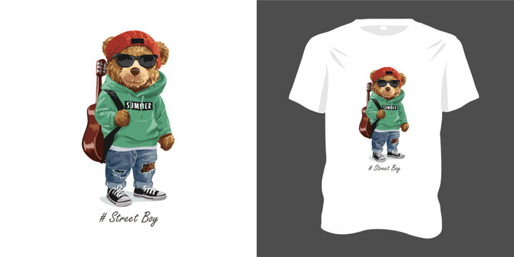 Street Boy slogan with a toy bear on a t-shirt and a cool guitar illustration. Cool style with green hoodie and sunglasses. Suitable for men women young people clothing, Vector illustration.