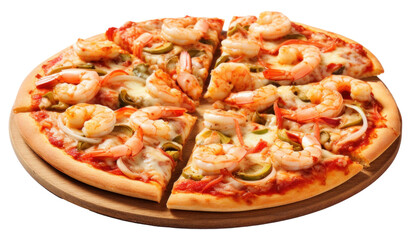 Delicious seafood pizza on wooden stand isolated.
