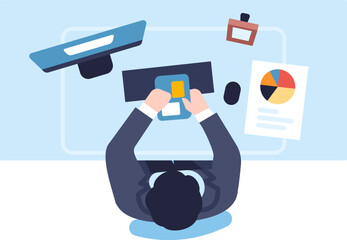 Office workplace top view. Man working with computer. Employee sitting at table. Business document. Project diagram. PC screen and keyboard. Businessman at desk. Vector managers occupation