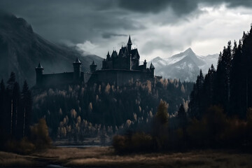 Dark gothic castle in valley and rocky mountains on background generative ai