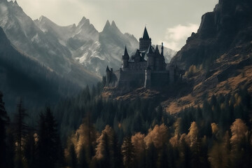 Dark gothic castle in valley and rocky mountains on background generative ai - obrazy, fototapety, plakaty