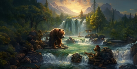 bear fishing on top of waterfall hd wallpaper