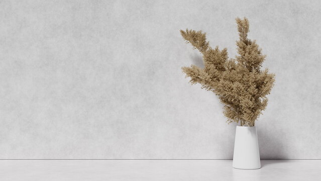 Ornamental plant in vase on light background against wall, interior design, place for text, mockup for design. 3d render