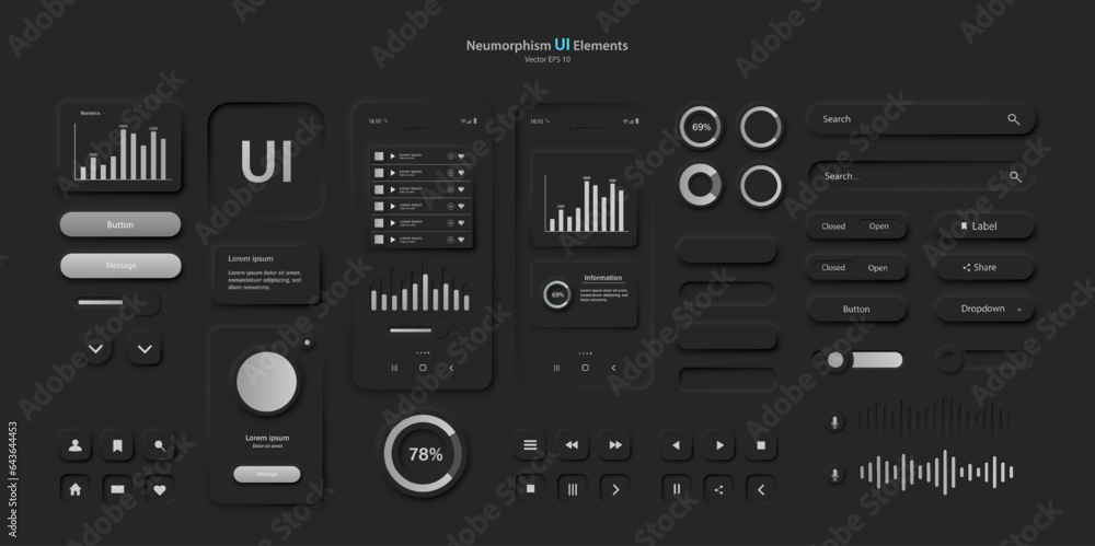 Poster a set of user interface elements for a mobile application in black and red. a set of user interface 