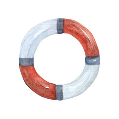 Watercolor illustration lifebuoy. Stripe life-saving buoy. Nautical interior, welcome aboard. Vintage style illustration. White background