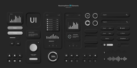 A set of user interface elements for a mobile application in black and red. A set of user interface icons for the Internet, social networks, and business. Vector illustration.