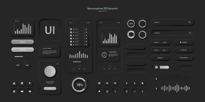 A set of user interface elements for a mobile application in black and red. A set of user interface icons for the Internet, social networks, and business. Vector illustration.