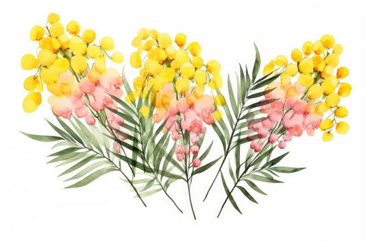 Watercolor image of a set of mimosa flowers on a white background