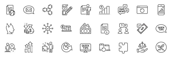 Fototapeta na wymiar Icons pack as Ranking stars, Online accounting and Web tutorials line icons for app include Manual, Checkbox, Graph phone outline thin icon web set. Fake news, Messenger, Stress pictogram. Vector