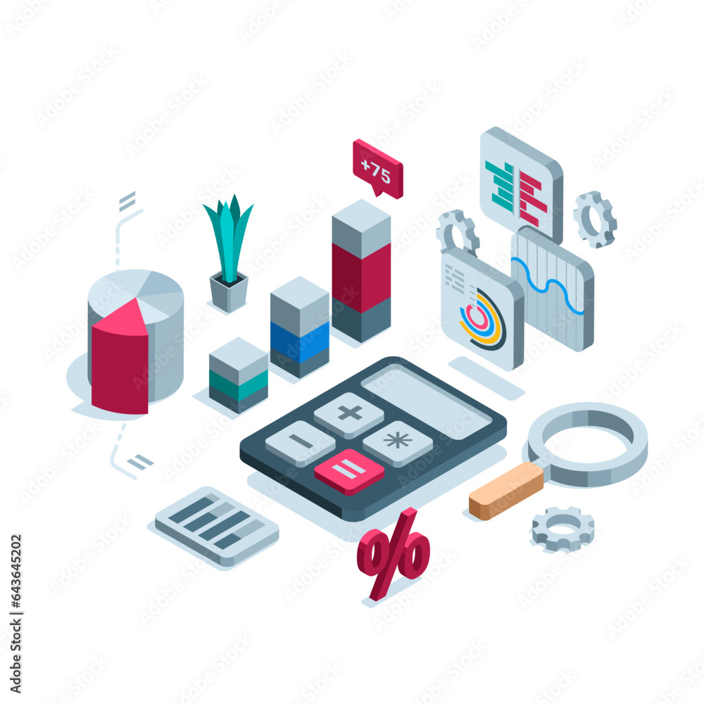 Poster isometric concept on the topic of work with one hundred statistical data in the financial sector in 