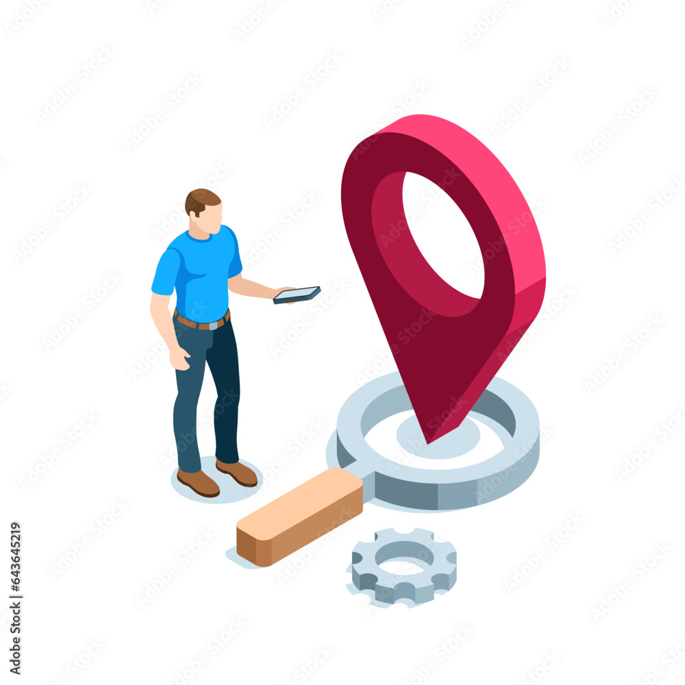 Poster isometric magnifying glass and location icon and a man with a smartphone in color on white backgroun