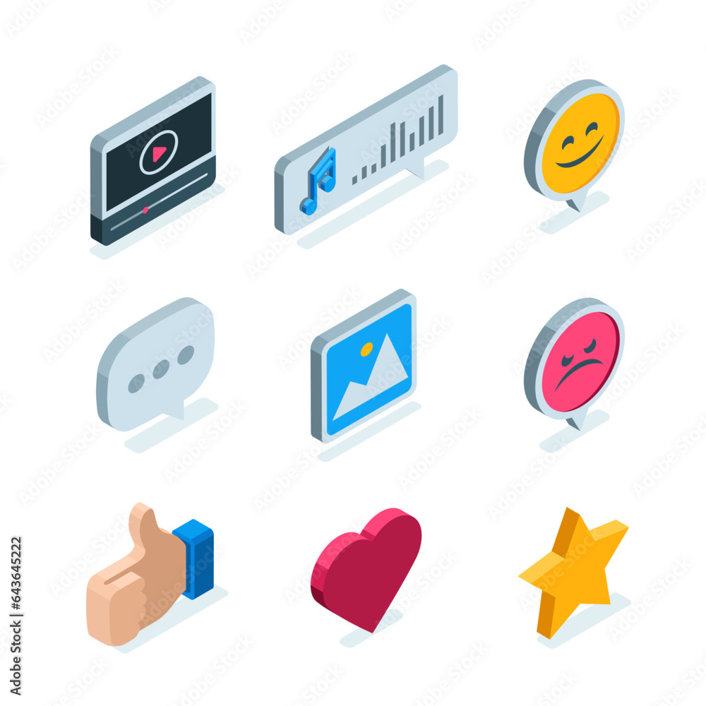 Poster isometric icon set in color on a white background, social networks and itrenet communication between