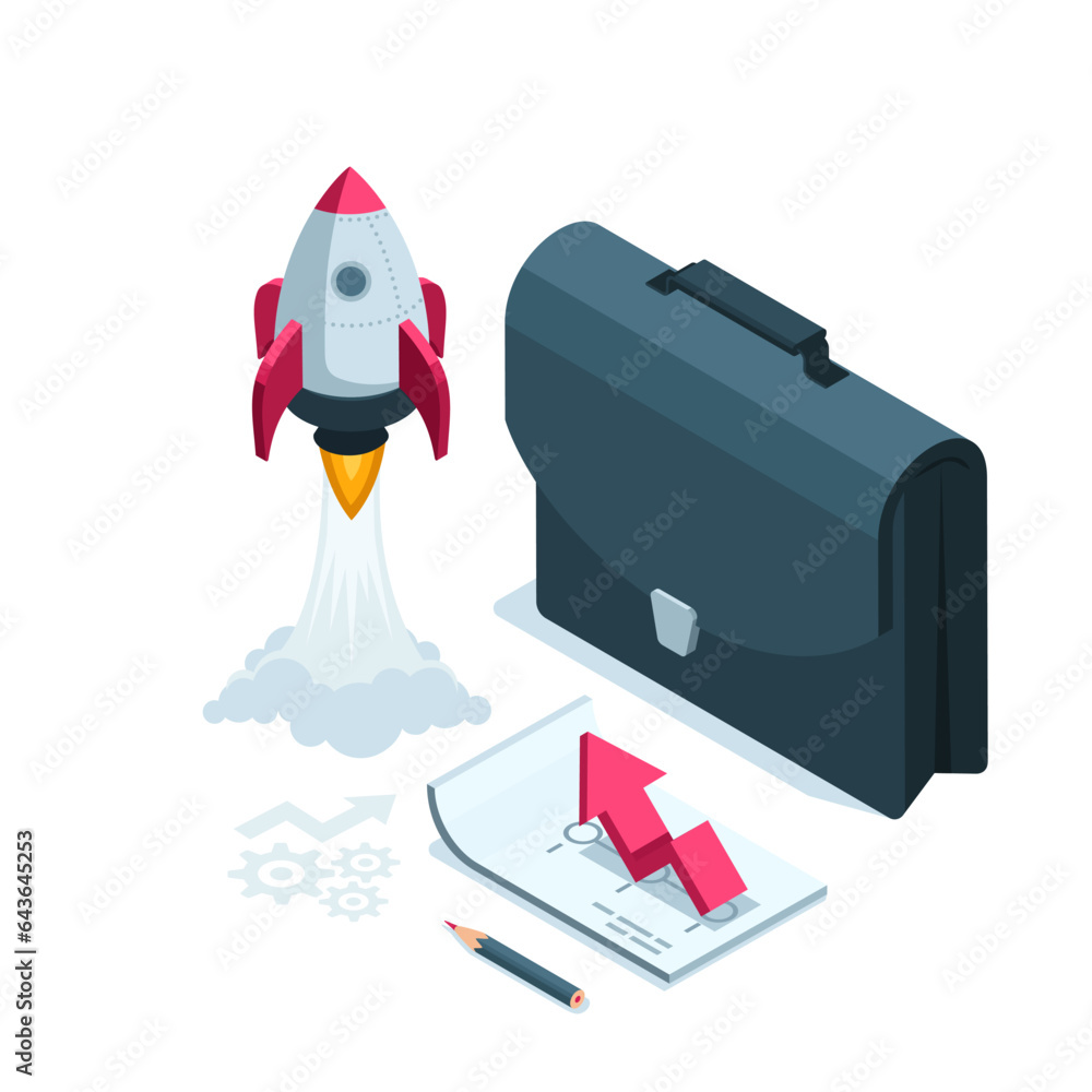 Poster isometric rocket takes off near a business portfolio and a sheet of paper with an arrow in color on 