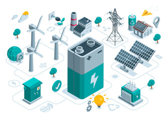 isometric concept on the topic of clean energy from the sun and wind in color on a white background, a battery with wind turbines and solar panels, green energy